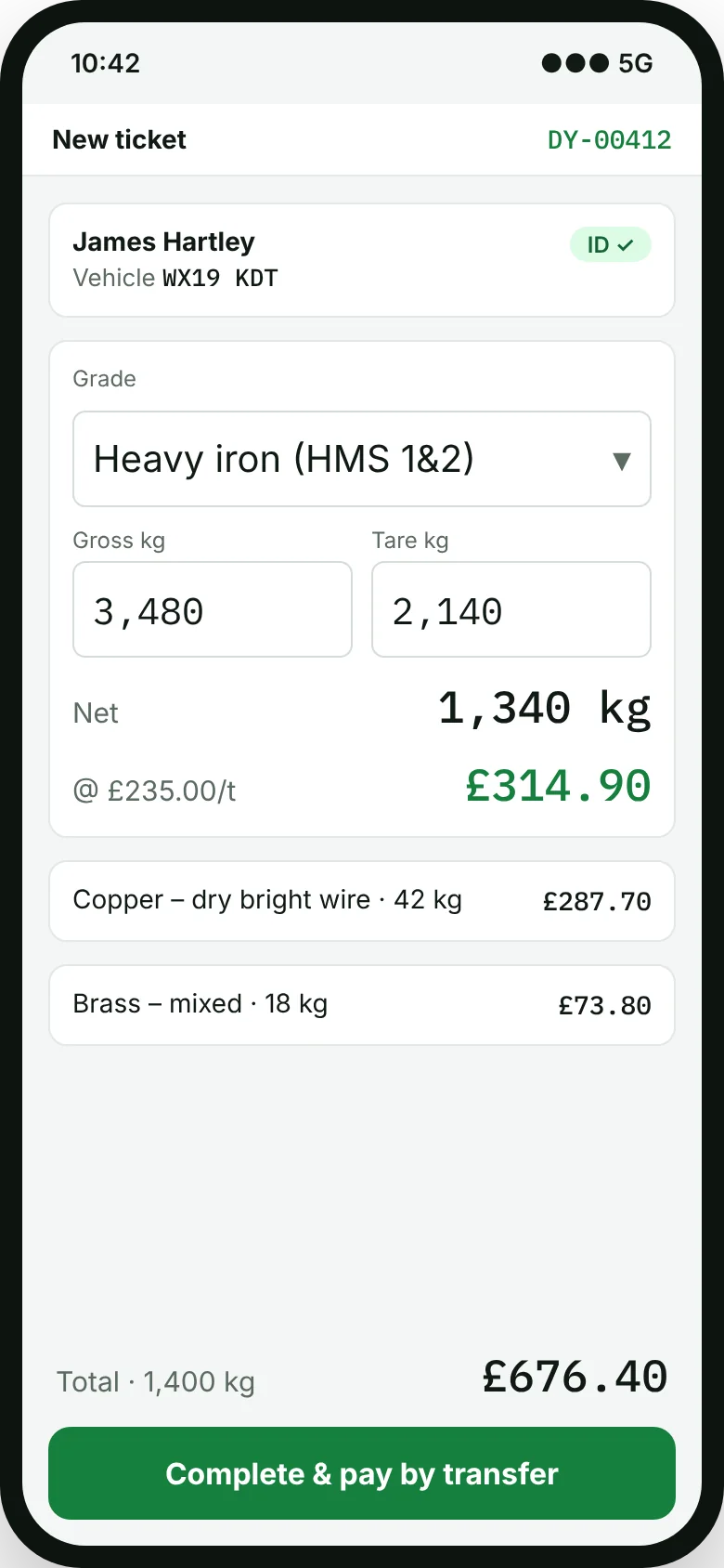 Mobile weighbridge ticket on a phone showing gross, tare and net weight