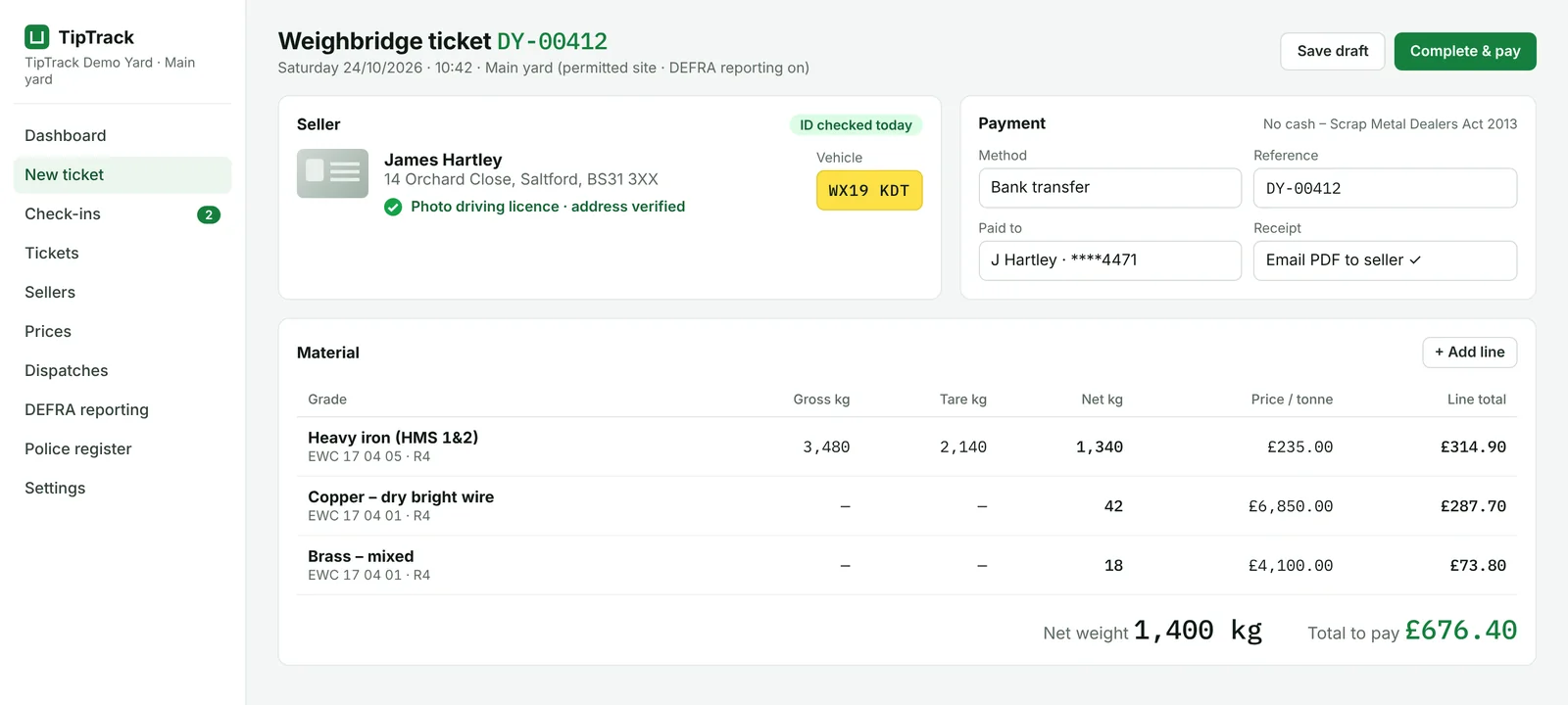 TipTrack weighbridge ticket screen with seller, vehicle, three metal lines and a total of £676.40